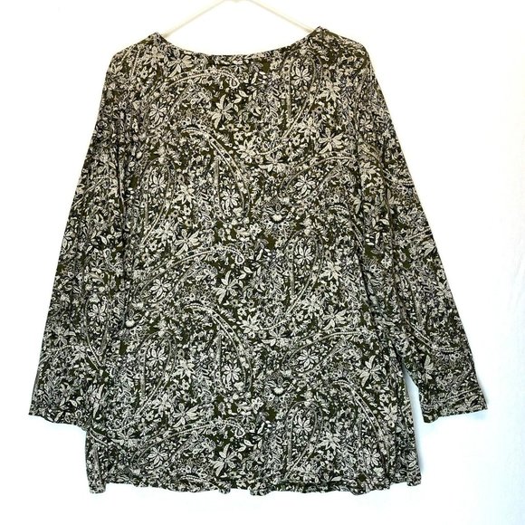 Lucky Brand Top Size 2X Olive Green Floral Print Long Sleeve T-Shirt 3/4 Sleeve - Picture 4 of 6